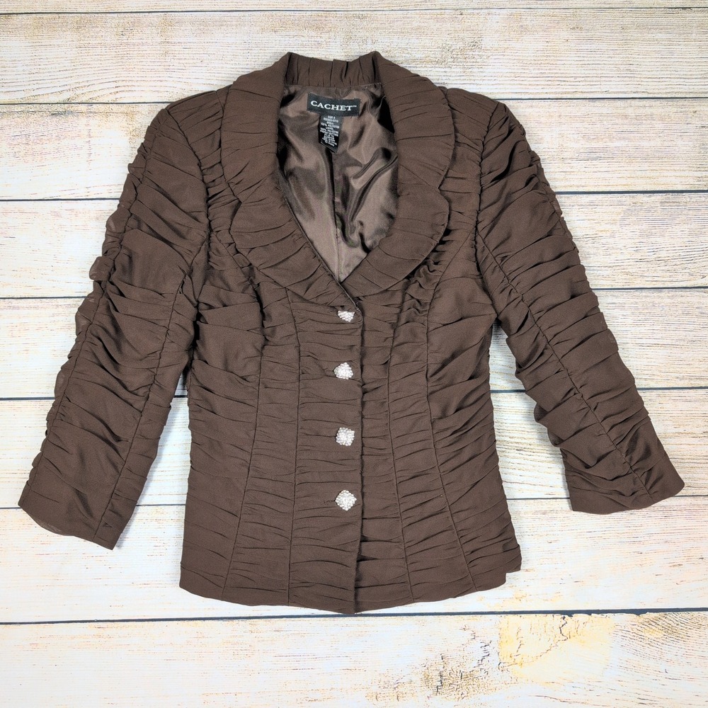 Cachet Brown Ruched 90s Y2k  Jacket Blazer 3/4 Sleeve  Size 8 western‎ fairycore